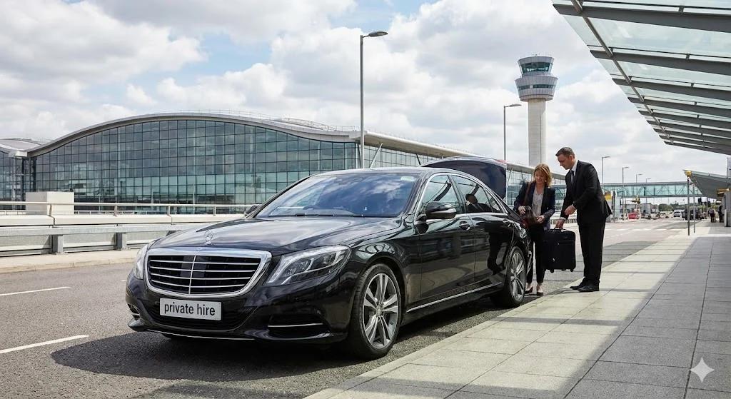 Private hire airport taxi collecting passengers for a transfer to or from Leicester